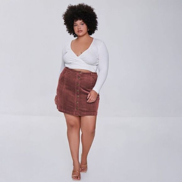 NWOT Forever 21 Plus Size (0X / XXL) Corduroy Mini Skirt, High Waisted, Button-F - Picture 3 of 14